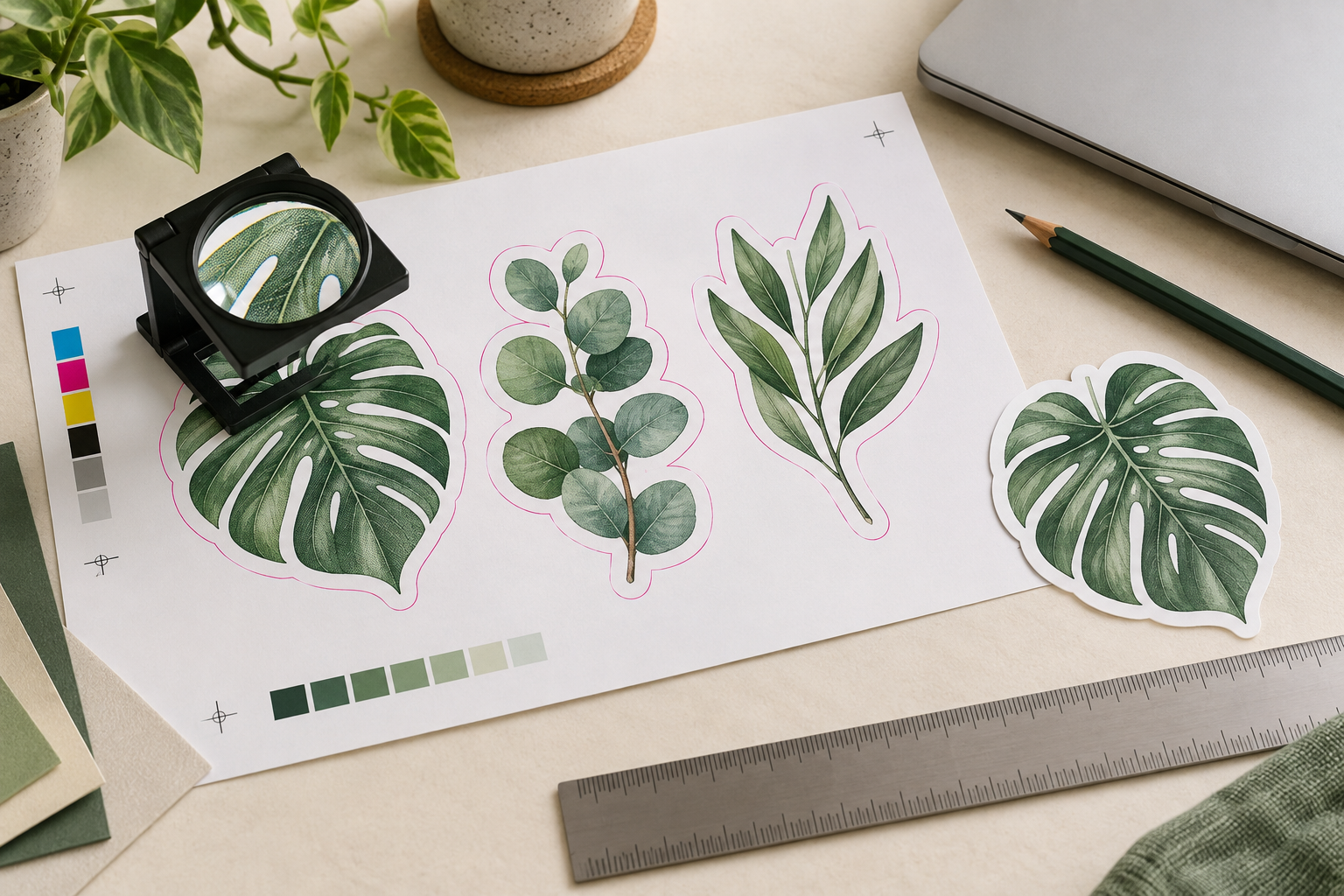 Botanical sticker proof with magenta cut outlines and a loupe for inspecting print detail