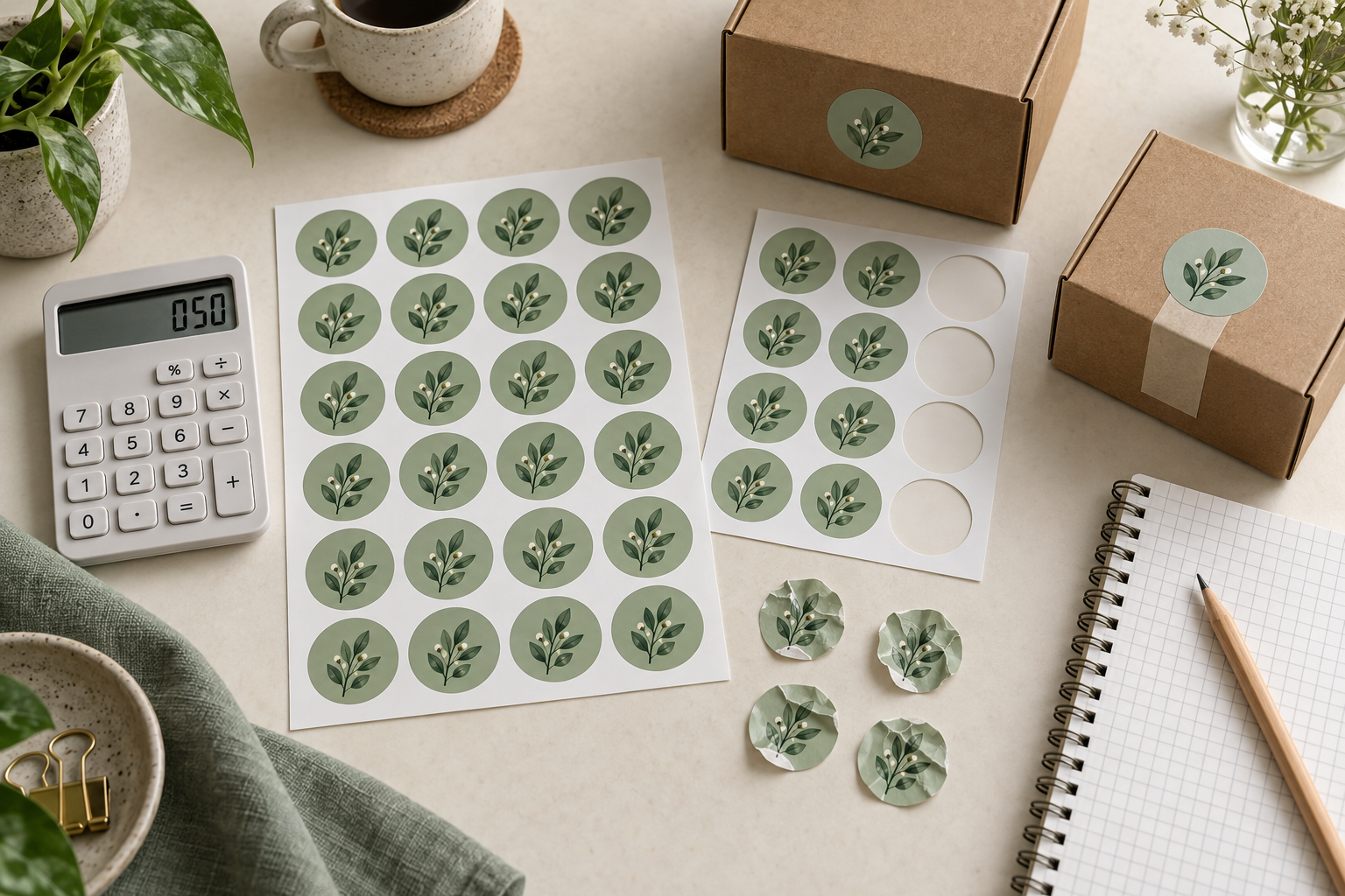 Calculator and sticker sheets with creased labels separated from usable pieces