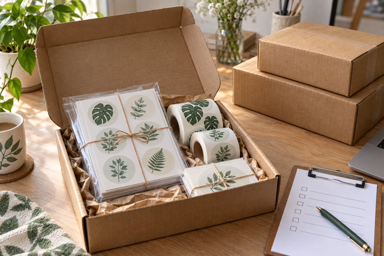 Protected sticker sheets and rolls packed in a shipping box beside an order checklist