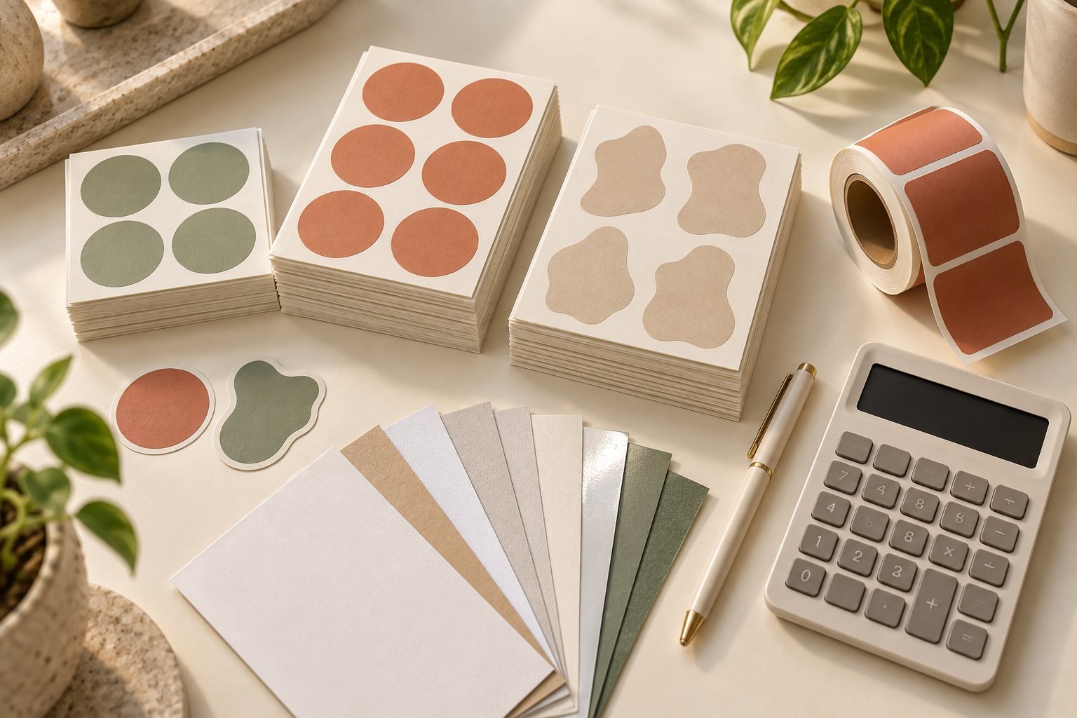 Label sheets, a roll and finish samples arranged with a calculator for comparing printing specifications