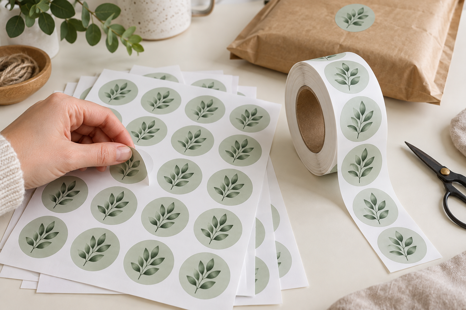 Sheets and a roll carrying the same label design with one sticker peeled from a sheet