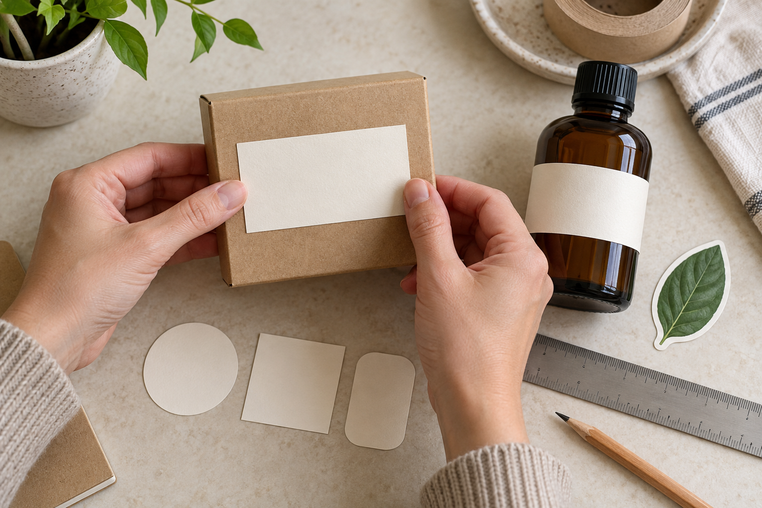 Paper label size template fitted to a kraft box beside a bottle and ruler