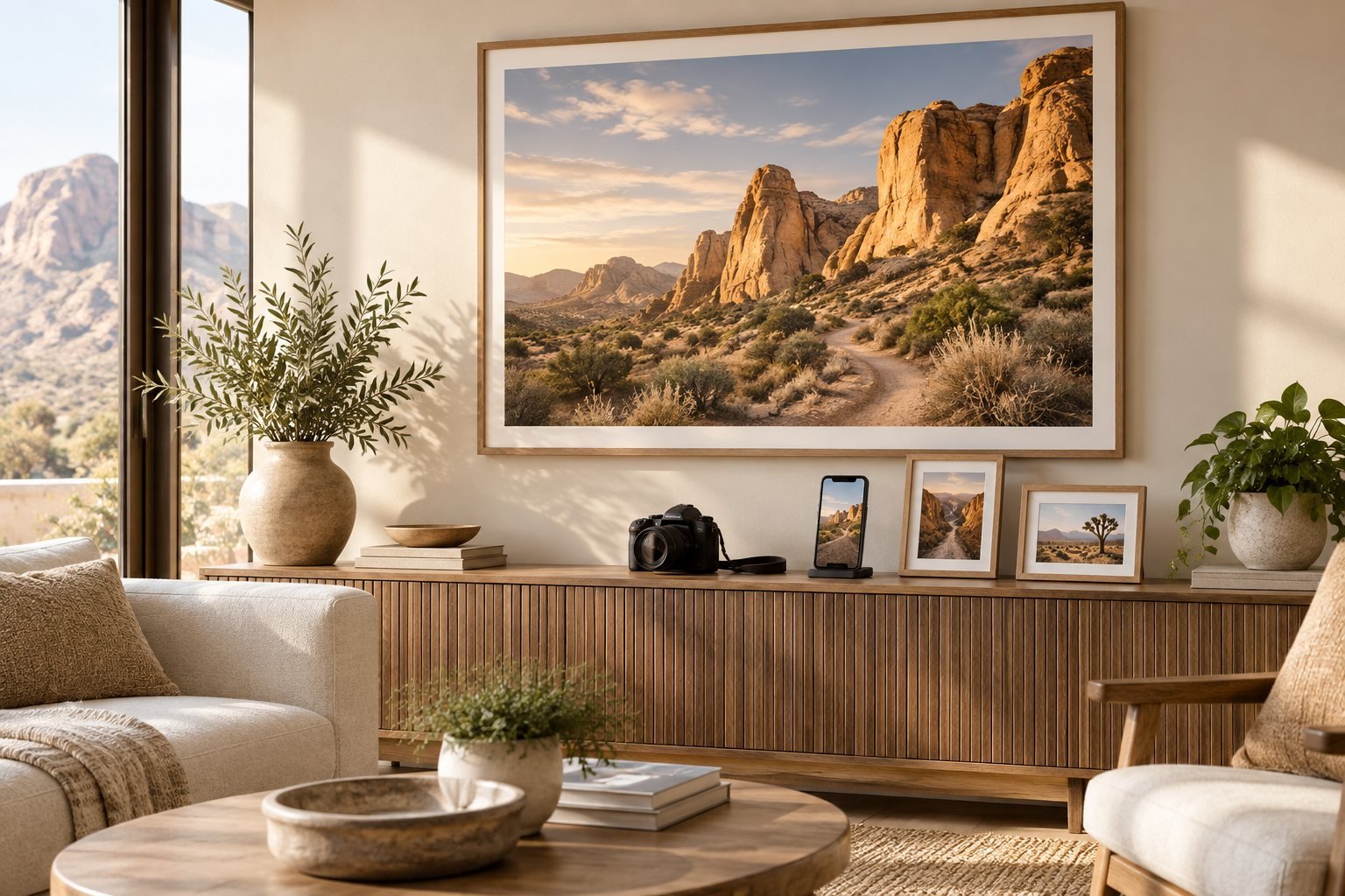 A desert travel photograph displayed as large wall art above a camera, phone and smaller framed prints