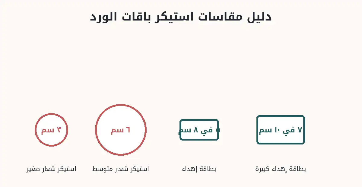 أربعة مقاسات مقترحة لاستيكر شعار وبطاقة إهداء لباقات الورد