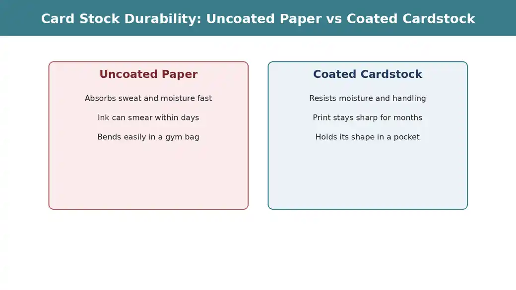 Comparison chart of uncoated paper versus coated cardstock durability for gym loyalty punch cards