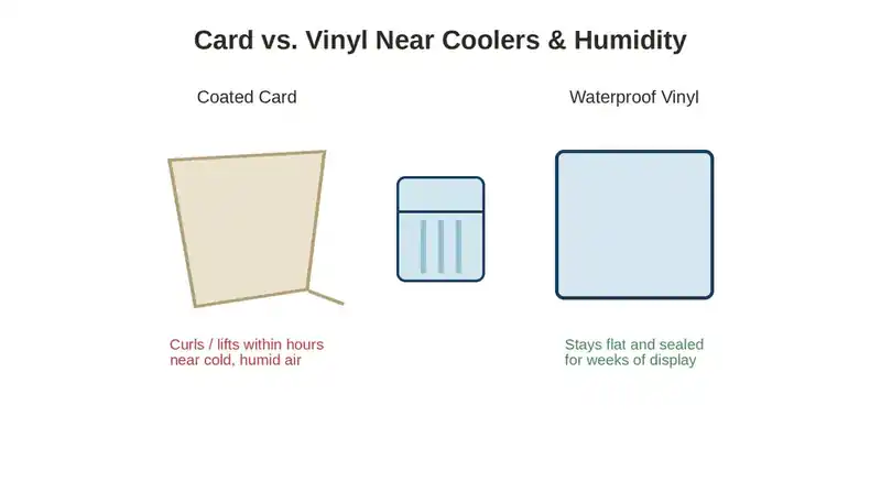Comparison chart of card-stock versus vinyl shelf talker durability for retail signage