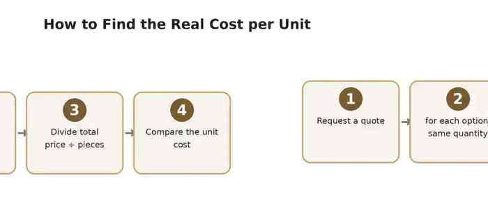 Four-step infographic showing how to calculate the real cost per unit for custom printed packaging