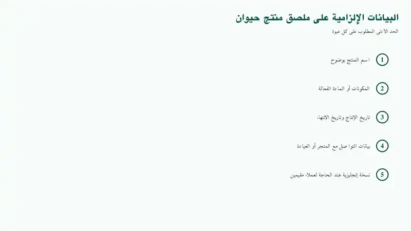 قائمة مرقمة بالبيانات الإلزامية الواجب ذكرها على ملصق منتجات الحيوانات الأليفة