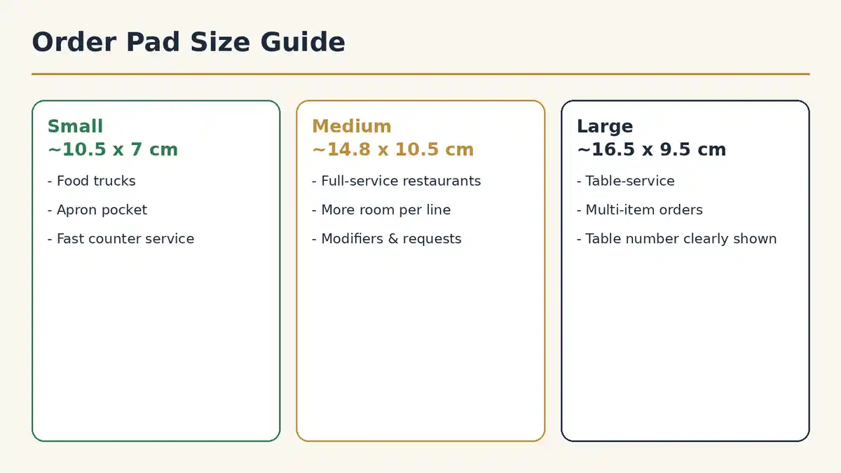 Infographic comparing small, medium, and large carbonless order pad sizes with recommended use cases for restaurants, cafes, and food trucks