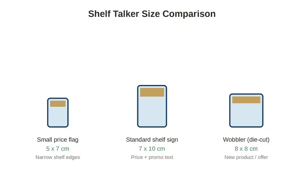 Chart comparing common shelf talker sizes measured in centimeters for retail shelf edges