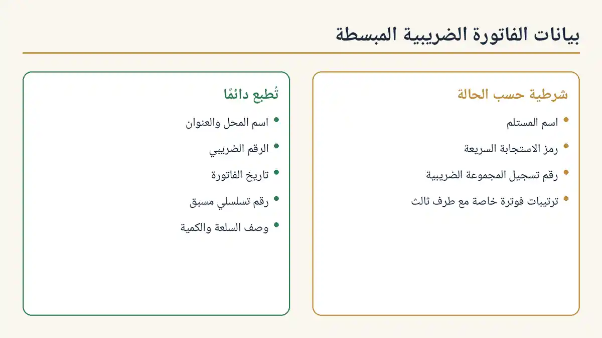 رسم توضيحي للحقول الإلزامية والشرطية في دفتر الفاتورة الضريبية المبسطة