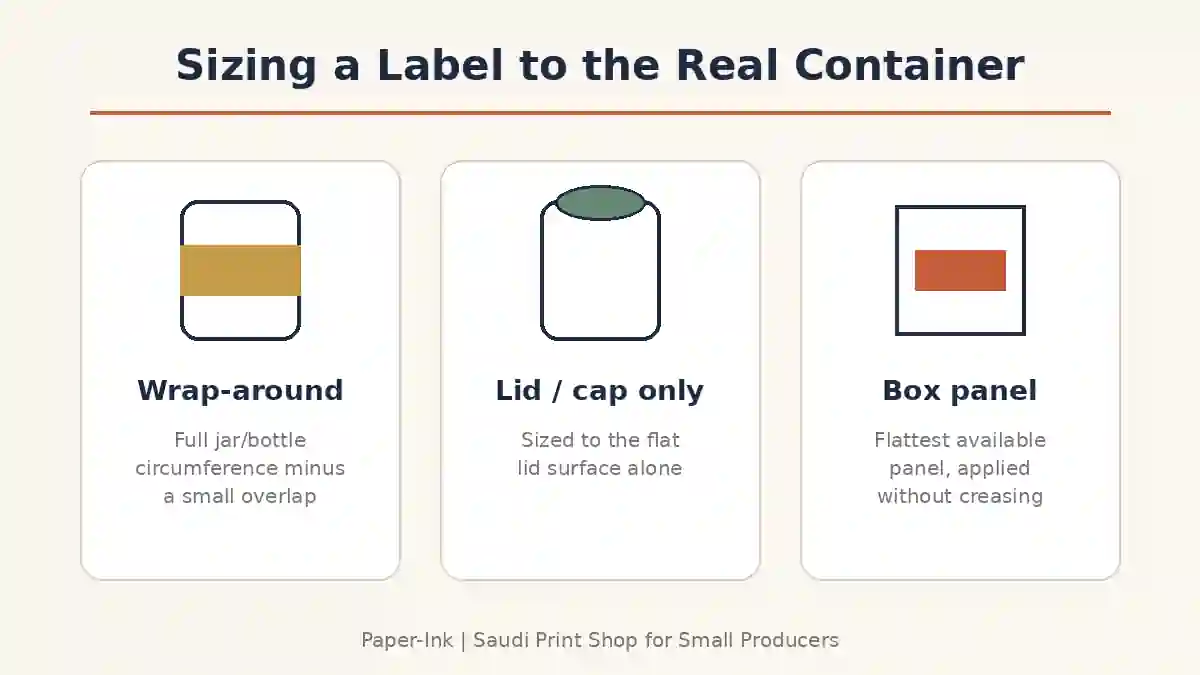 Diagram comparing wrap-around, lid-only, and box-panel label sizing for jars, bottles, and boxes