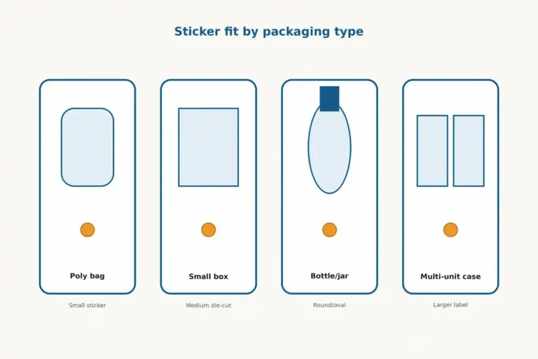 Chart showing recommended sticker size and type for poly bags, small boxes, bottles and multi-unit cases