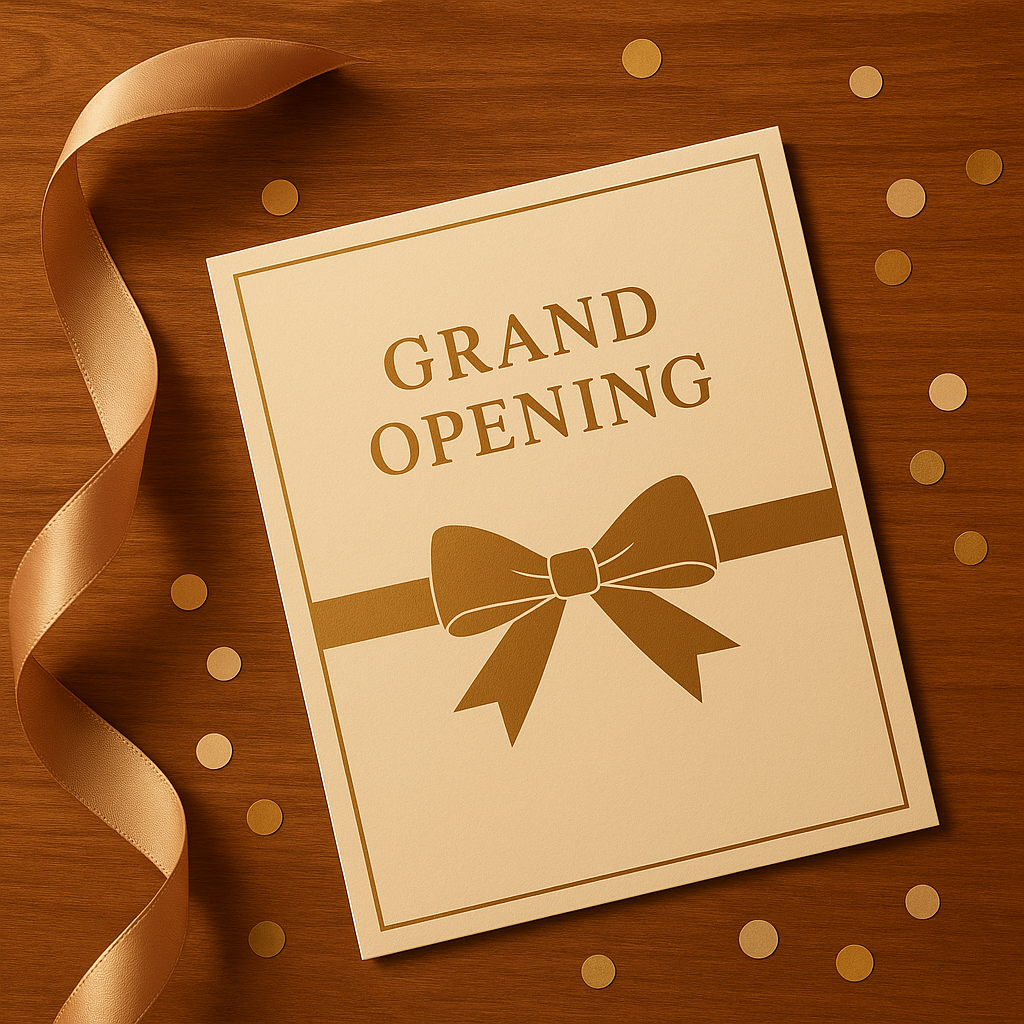 A clean flat-lay photo of an elegant printed grand opening invitation card on a wooden desk, with ribbon and confetti nearby, warm soft lighting, professional product photography style, no text, no logos, no readable words or letters in the image