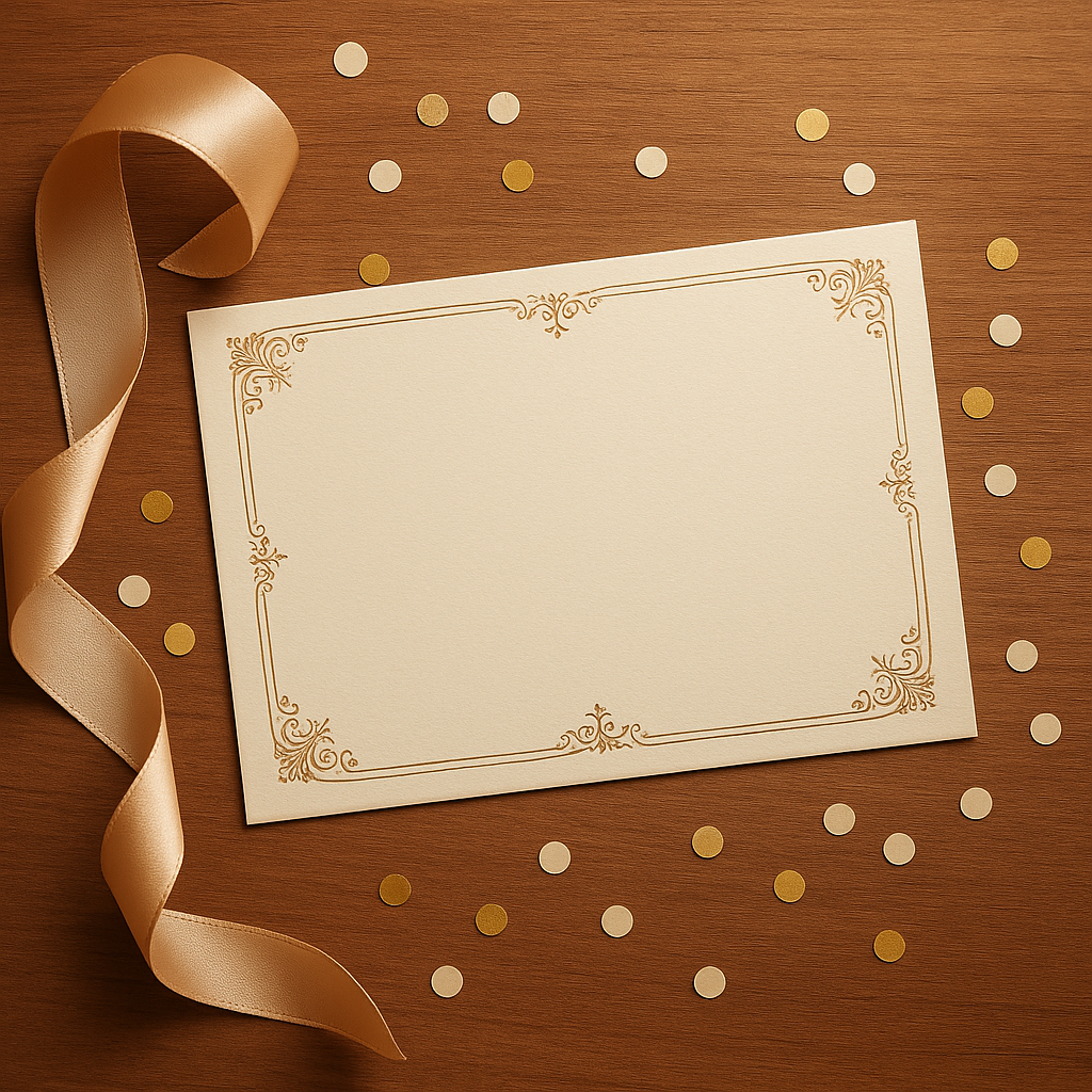 A clean flat-lay photo of an elegant printed grand opening invitation card on a wooden desk, with ribbon and confetti nearby, warm soft lighting, professional product photography style, no text, no logos, no readable words or letters in the image