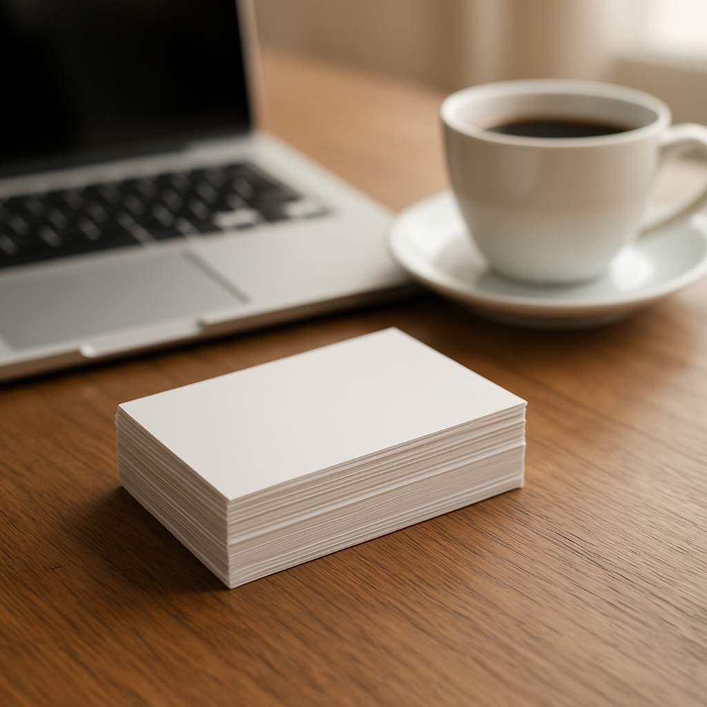 Stack of blank business cards on a desk for a freelancer
