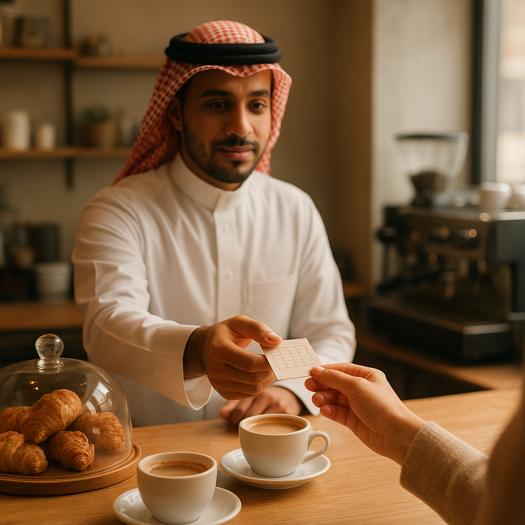 Barista handing a printed loyalty stamp card to a customer at a small Saudi café counter