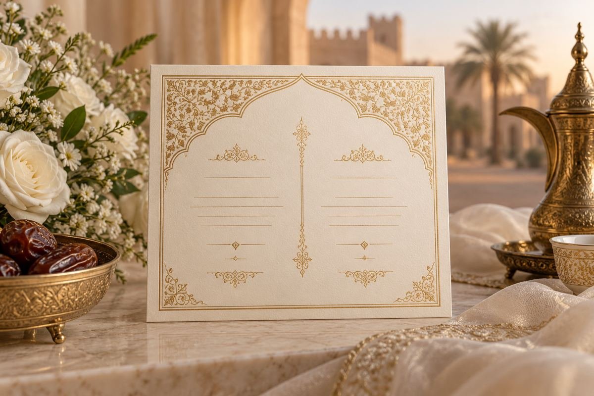 Wedding invitation mockup with two balanced layout columns and a decorative gold border
