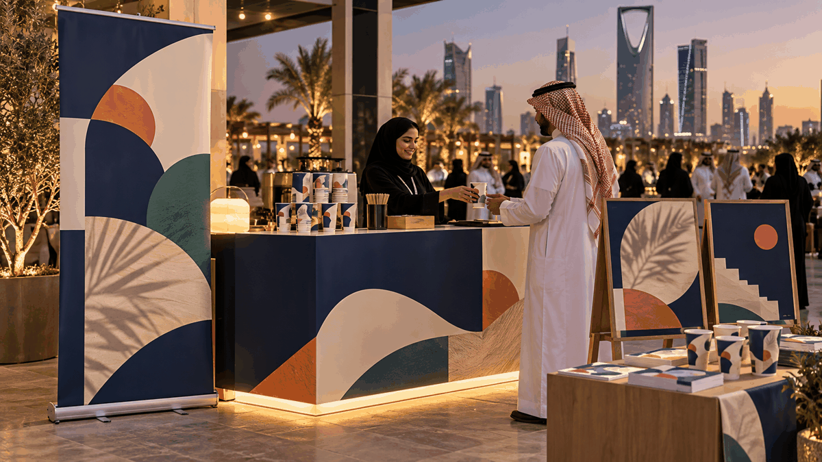 رول اب وبوسترات وأكواب مطبوعة لكشك فعاليات في الرياض
