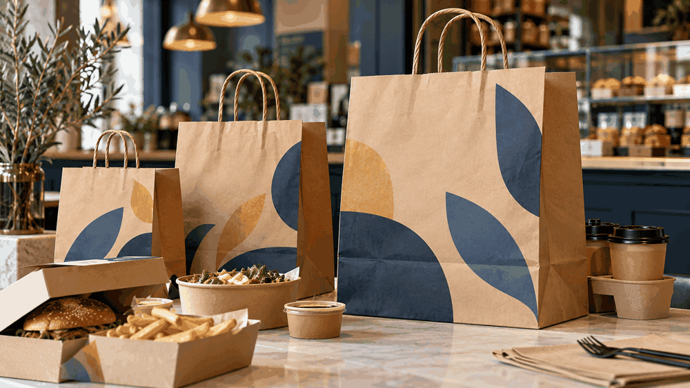 صورة توضيحية: أكياس الوجبات السريعة الورقية (Kraft Takeaway Bags): مقاسات التحمل والطباعة الملونة