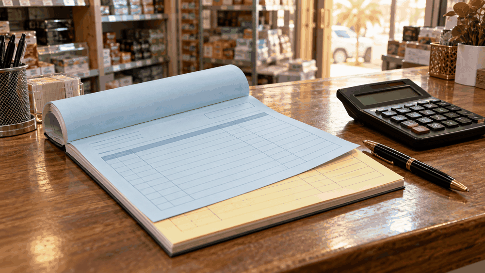 دفتر فواتير كربوني أزرق وأصفر مع آلة حاسبة وقلم على طاولة محل