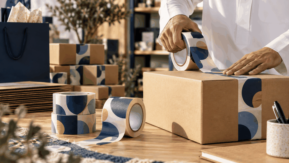 صورة توضيحية: شريط التغليف اللاصق المطبوع بشعارك (Custom Packaging Tape): أمان الشحن والترويج المتنقل