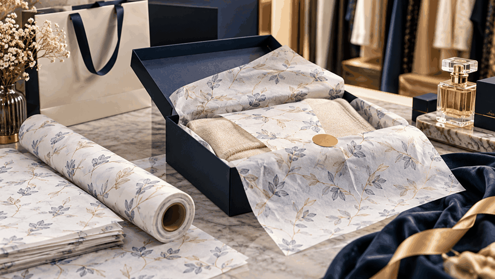 صورة توضيحية: ورق المناديل المطبوع (Custom Tissue Paper): اللمسة الناعمة لمتاجر الملابس والعطور
