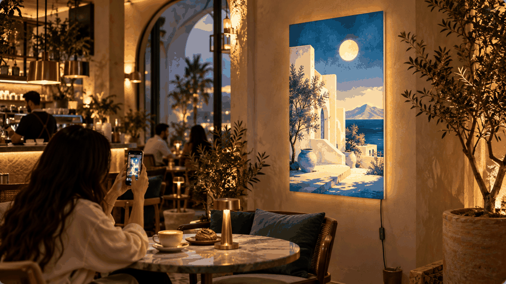 صورة توضيحية: لوحات LumiPoster المضيئة للمقاهي: ديكور جداري ملفت يرفع صور السوشيال ميديا
