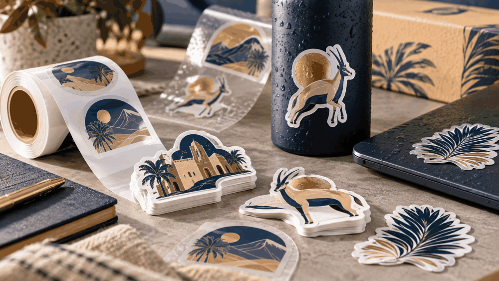 صورة توضيحية: طباعة استيكرات قص مخصص (Die-Cut Stickers): خامات الفينيل ومقاومة الماء