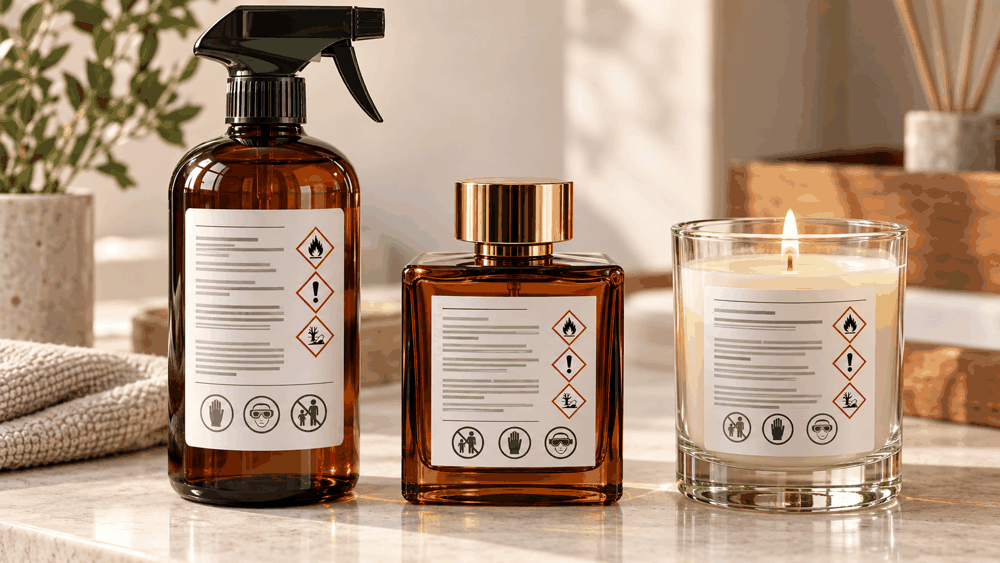عبوات تنظيف وعطر وشمعة بملصقات تحذير وتعليمات سلامة مطبوعة