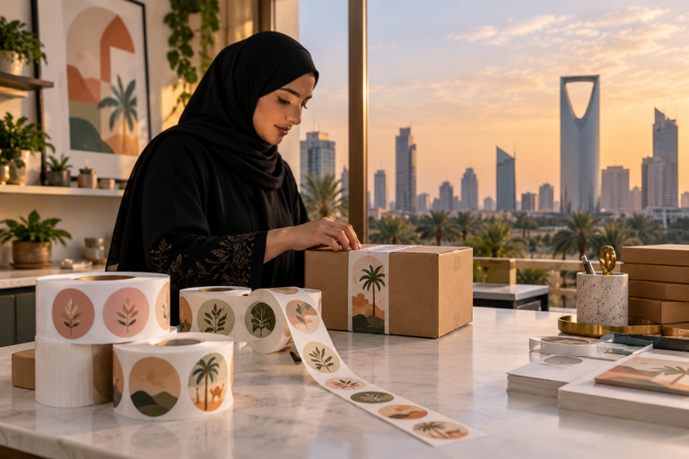 Custom sticker rolls and a sealed parcel in a Riyadh business workspace