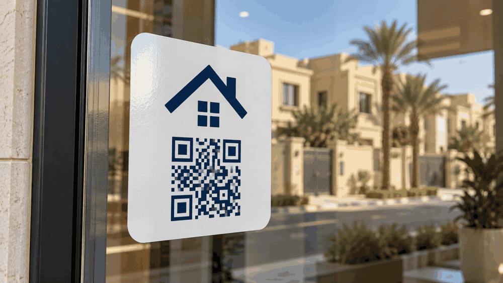 صورة توضيحية لمنتجات الطباعة والتغليف: ملصقات فينيل للوسيط العقاري السعودي مع كود QR للتواصل