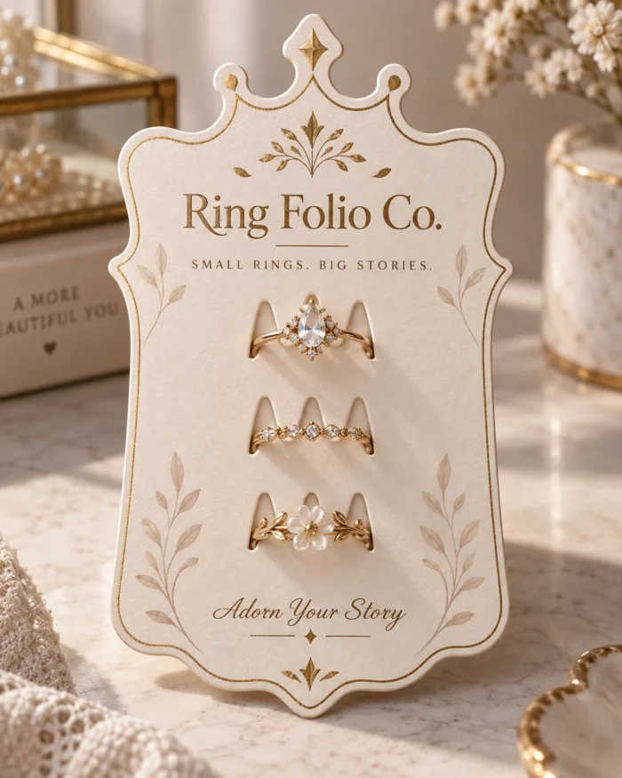 Cream ornate-edged card displaying three gold rings with small flowers and stones
