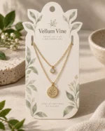 White card with green leaves holding a layered gold necklace with a leaf medallion