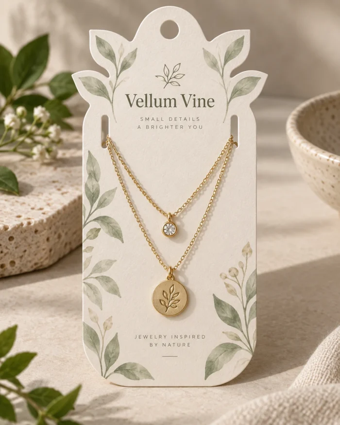 White card with green leaves holding a layered gold necklace with a leaf medallion