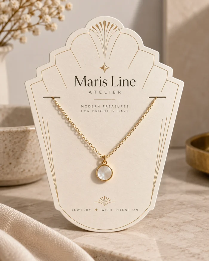 Art deco cream card holding a gold necklace with a small round white pendant