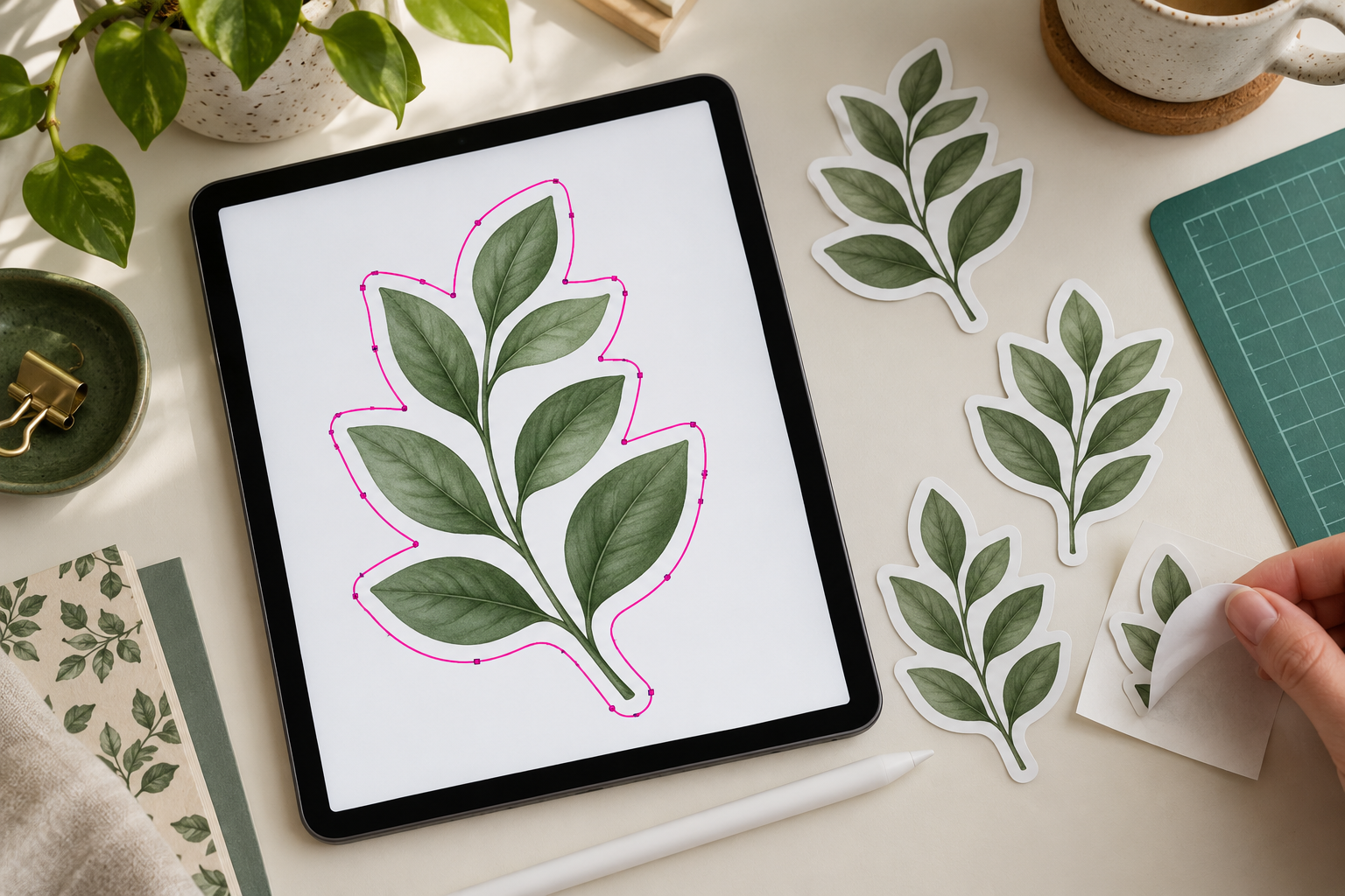 Tablet showing a magenta cut line around a botanical sticker design beside finished die-cut stickers