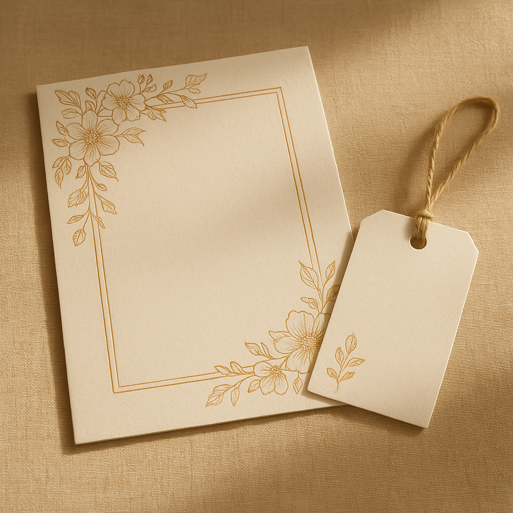 Elegant printed wedding invitation card beside a small gift tag, warm daylight, product photo, no text, no logos