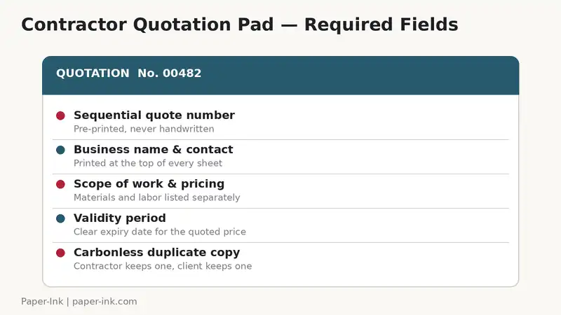 Required fields on a contractor quotation pad: sequential number, business name, scope of work, validity period, carbonless duplicate copy