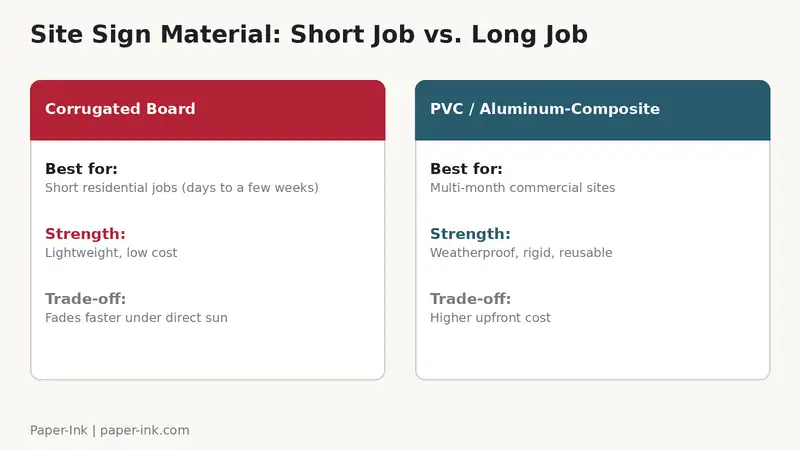 Comparison of site sign materials for short residential jobs versus long multi-month commercial sites in Saudi Arabia