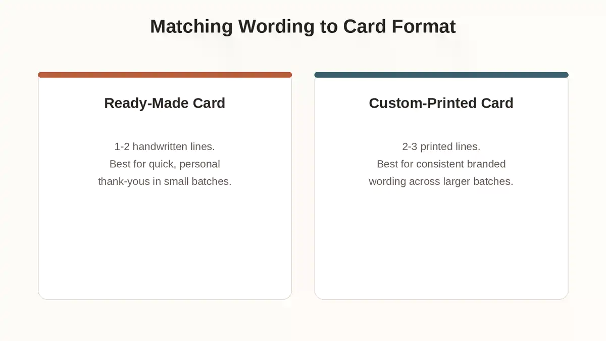 A handwritten thank-you card beside a small wrapped gift box with wording comparison icons