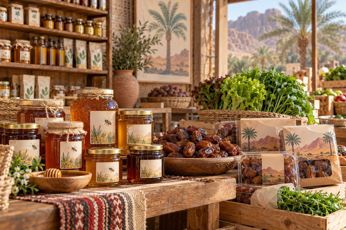 ملصقات مزينة على عبوات العسل والتمور والمنتجات الزراعية