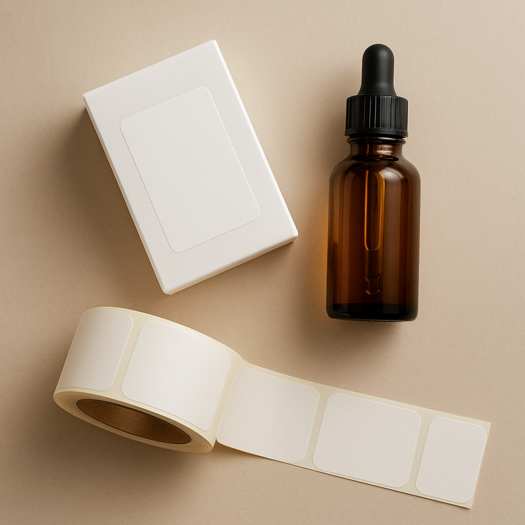 Small cosmetics box with blank label sticker, dropper bottle, and sticker roll