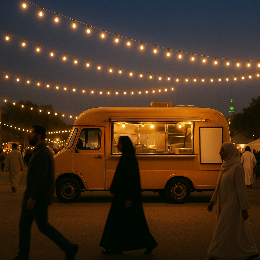 Food truck with a menu board at an evening outdoor event