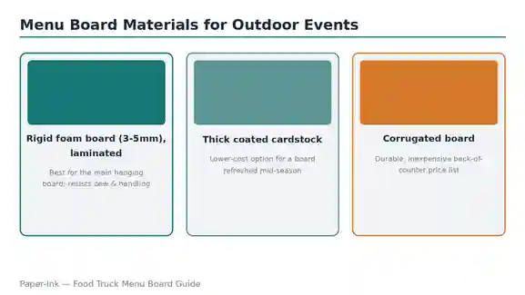 Comparison of menu board materials: rigid foam board, thick coated cardstock, and corrugated board