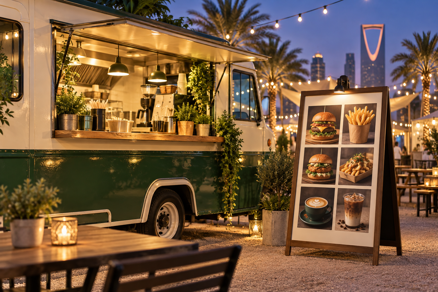 Printed menu board with food photos beside a cream and green food truck under evening lights in Riyadh