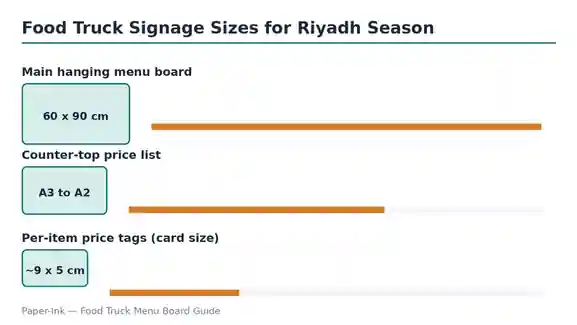 Size comparison of food truck menu board formats: main hanging board, counter-top list, and small price tags
