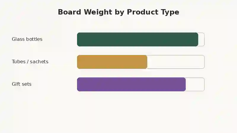 Bar chart comparing recommended corrugated board weight for glass bottles, tubes, and gift sets