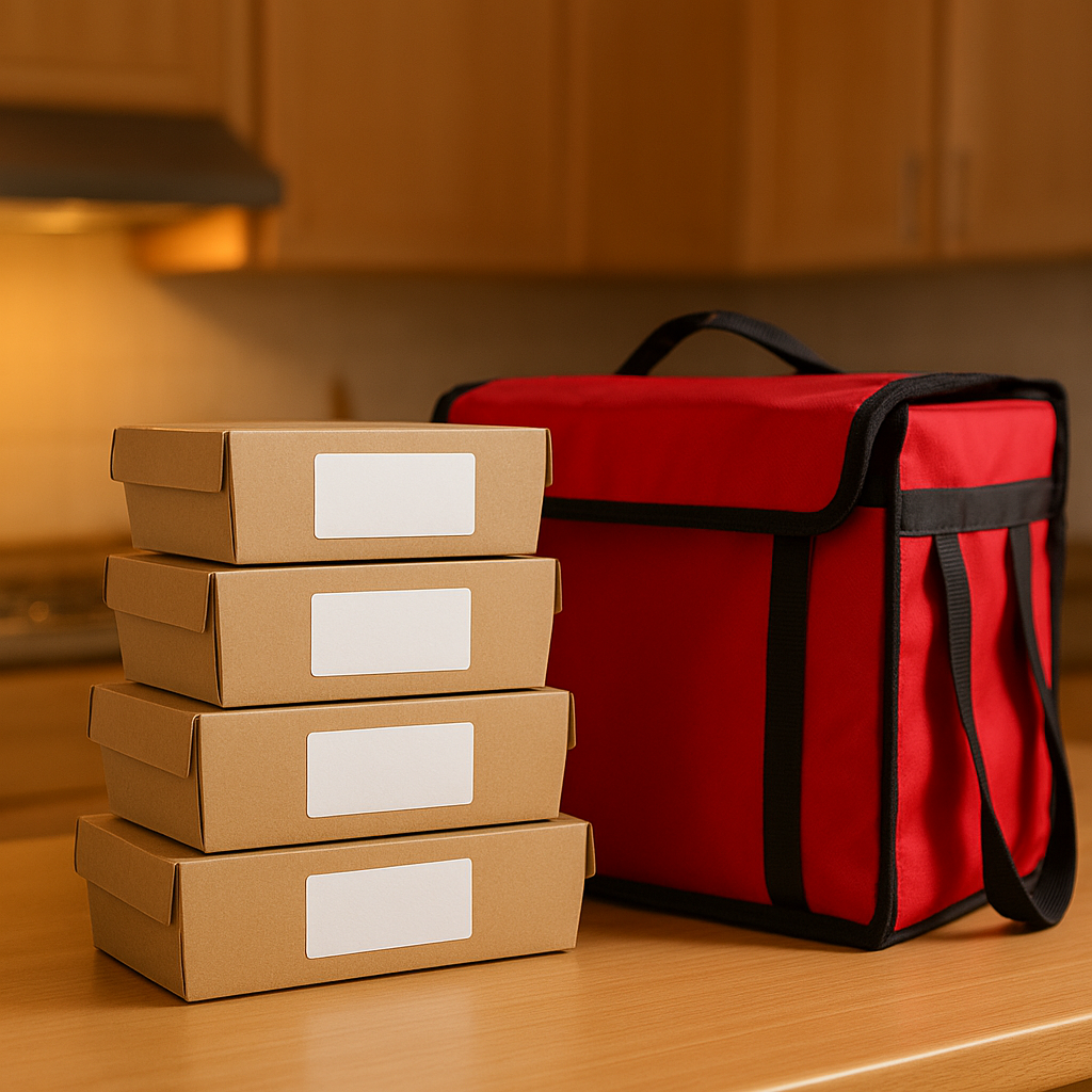 Stacked delivery food boxes with blank sticker labels on a kitchen counter