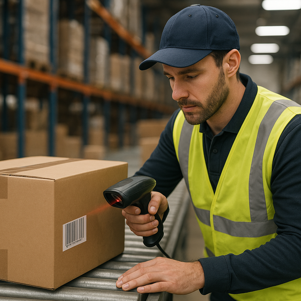 Warehouse worker scanning a barcode label on a shipping carton on a conveyor belt